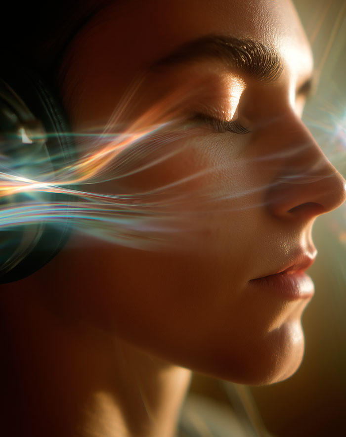 Persona con auriculares y ojos cerrados escuchando soundscape de Innerdance en una experiencia de introspección y conexión interior
