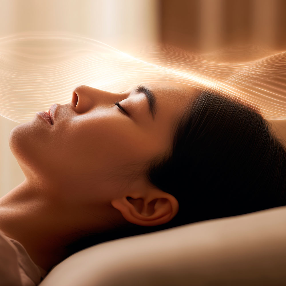 Persona tumbada con ojos cerrados en una sesión de Innerdance, en un ambiente tranquilo de relajación, sonido y escucha corporal